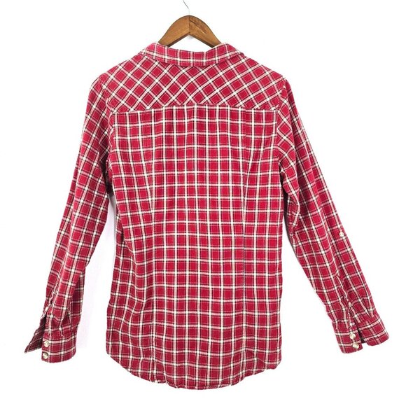 Eddie Bauer Wine Red Madras Plaid Roll Tab Button Front Long SLeeve Shirt - Picture 4 of 6